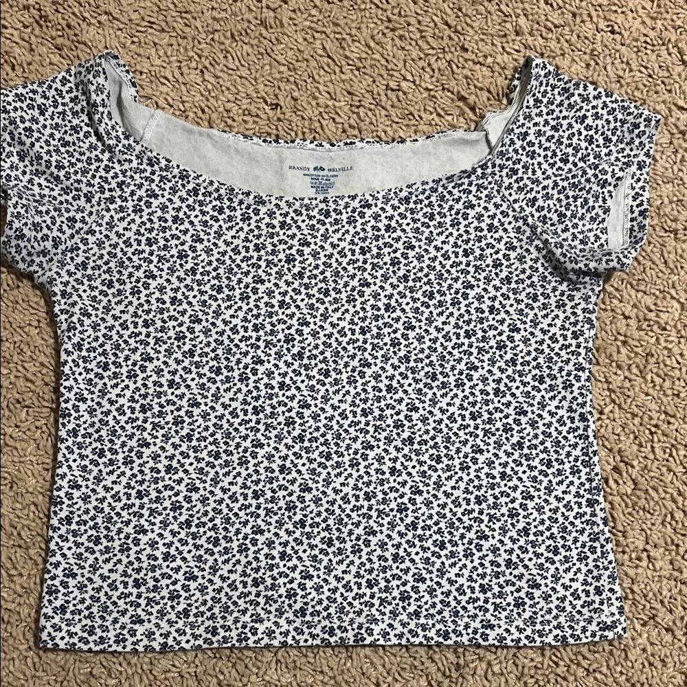 Brandy Melville Blue and White Floral Short Sleeve Top